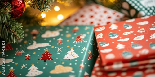 Close-up of a Christmas-themed stationery set featuring holiday designs, including envelopes, writing paper, and stickers with festive patterns.