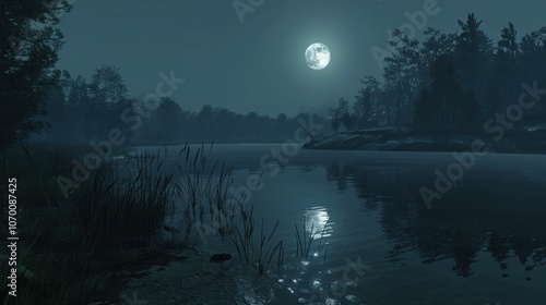 Serene Night at a Lake with Moonlight Reflection - A Tranquil Scene Captured for Relaxation and Inspiration