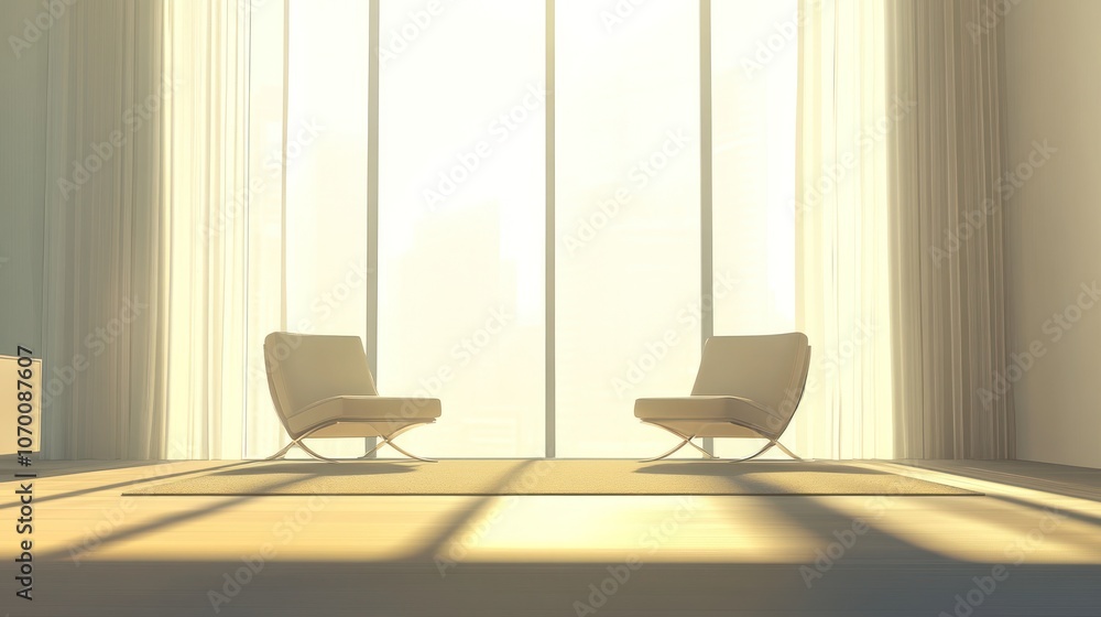 Fototapeta premium Two chairs facing each other in a minimalist living room with a large window and soft sunlight streaming in.