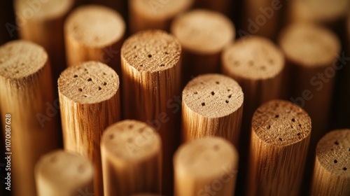 A close-up shot of a specific dowel, capturing the details and grain, with the surrounding dowels softly blurred.