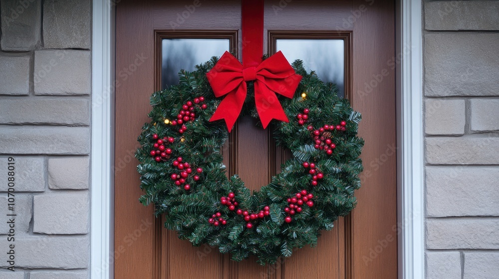 A bright green Christmas wreath decorated with a red bow and berries hangs on the door of a house. A bright green Christmas wreath decorated with a red bow and berries hangs on the door of a house.