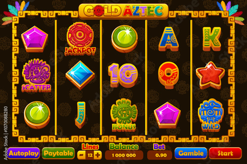Complete menu and Set of 12 slot symbols Aztec or Mayan theme. Ui element for jackpot in gambling. Style Icons for 2D Games and Casino or Slots. Graphic elements for the development of slot machines