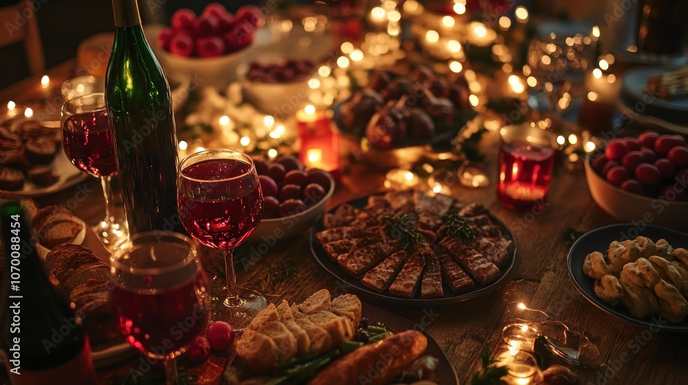 A close-up of a dining table filled with a variety of food and drinks, decorated with lights and balloons to celebrate the New Year. A close-up of a dining table filled with a variety of food and drinks, decorated with lights and balloons to celebrate the New Year.