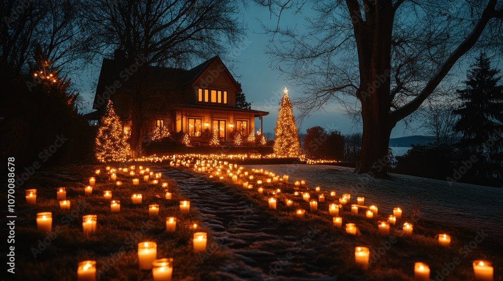 A house decorated with fir trees and candles at a solstice celebration. The warm lights create an atmosphere of hope and happiness. A house decorated with fir trees and candles at a solstice celebration. The warm lights create an atmosphere of hope and happiness.