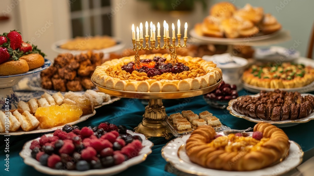 A photo of a golden menorah in the center of a table. Traditional foods and sweets are arranged around it in preparation for the Hanukkah celebration. A photo of a golden menorah in the center of a table. Traditional foods and sweets are arranged around it in preparation for the Hanukkah celebration.