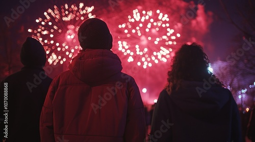 A photo of people standing looking at fireworks lighting up the night sky at a New Year's Eve party, reflecting excitement and happiness.