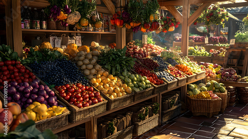 A colorful display of fresh produce at a bustling farmers market.