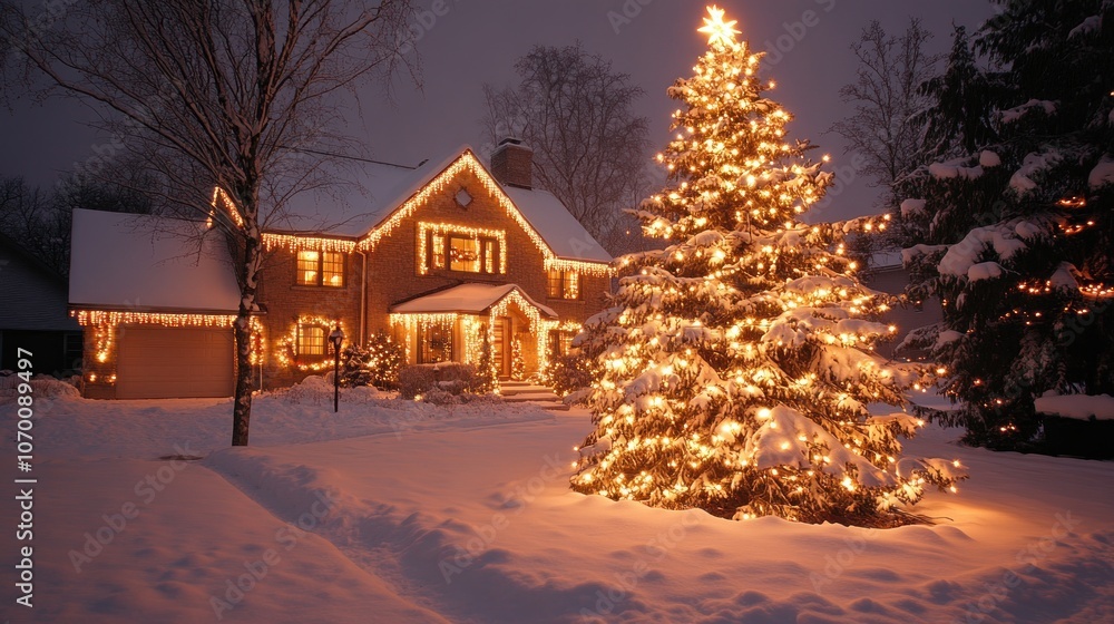 White Christmas lights shine on a pine tree, adding warmth to a home on a Christmas night. White Christmas lights shine on a pine tree, adding warmth to a home on a Christmas night.