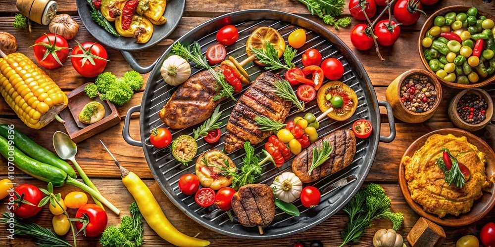 Aerial View of Grilled Gourmet Delights: Sizzling Meat, Colorful Vegetables, and Flavorful Marinades for a Mouthwatering Outdoor Barbecue Experience Aerial View of Grilled Gourmet Delights: Sizzling Meat, Colorful Vegetables, and Flavorful Marinades for a Mouthwatering Outdoor Barbecue Experience
