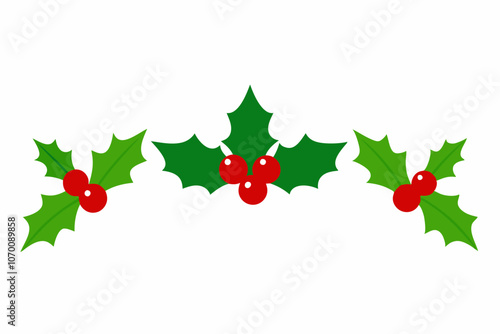 Christmas holly berries border pattern. Vector illustration on white