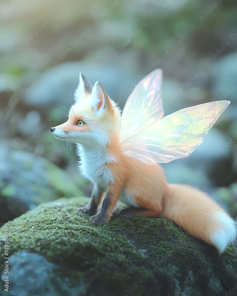 Fototapeta premium A magical fox with iridescent wings, sitting on a mossy rock in a sunlit forest.