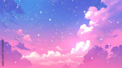 Dreamy pink and blue sky with sparkling stars, a magical and enchanting scene.
