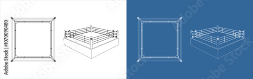 set Vector boxing ring technical drawing blueprint line illustration isolated on transparent background.