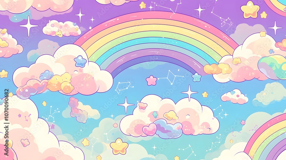 A whimsical illustration of a rainbow in the sky, surrounded by fluffy clouds and twinkling stars. A whimsical illustration of a rainbow in the sky, surrounded by fluffy clouds and twinkling stars.