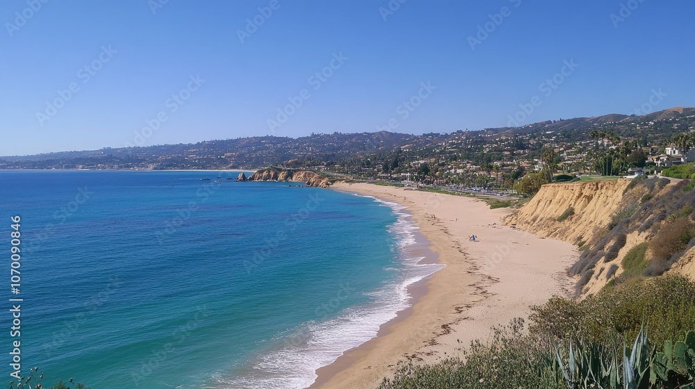 Bright, sunny coastal view of golden sand meeting vibrant, blue water, framed by a cloudless sky. Bright, sunny coastal view of golden sand meeting vibrant, blue water, framed by a cloudless sky.