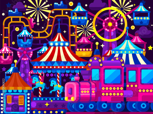 Amusement park at night vector flat illustration.
