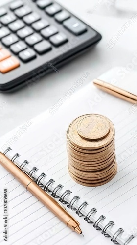 Close-up of a stack of coins beside a notepad and pen with a calculator in a bright workspace focusing on financial planning and budgeting