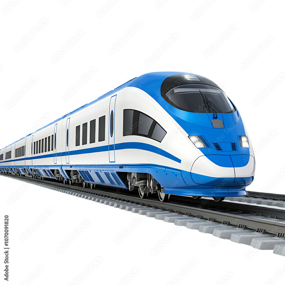 Naklejka premium Modern High-Speed Blue Train on Tracks On Transparent Background 