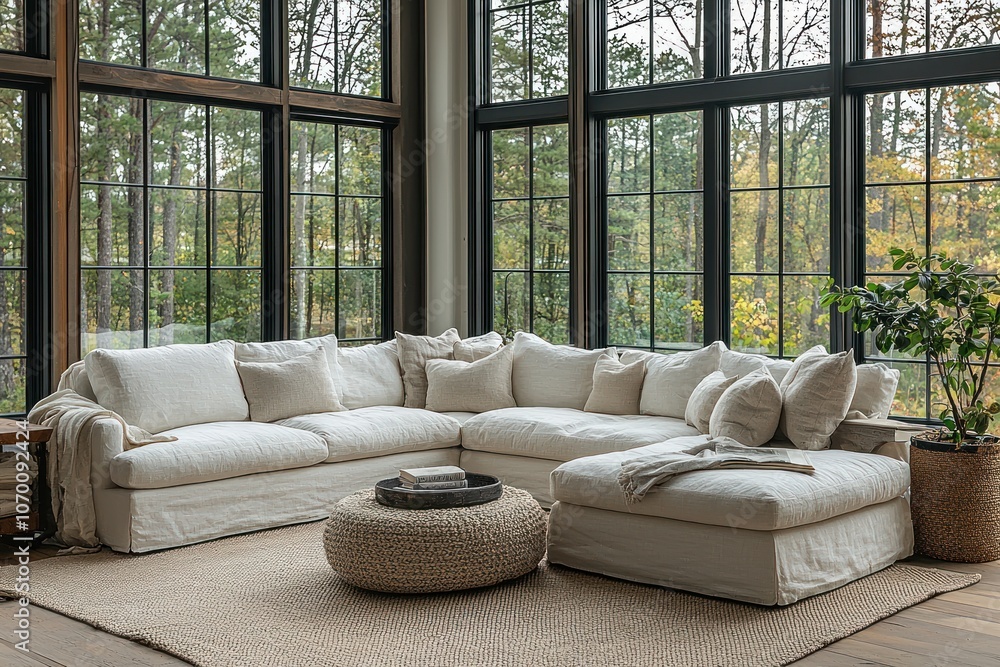 Fototapeta premium White Sectional Sofa in a Room with Large Windows and Forest View