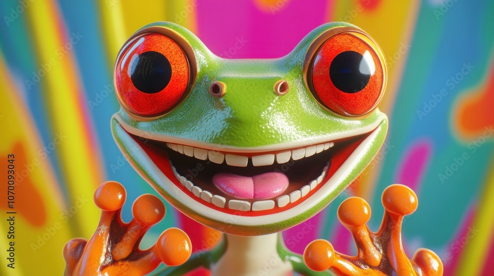 A close-up of a smiling green frog with large red eyes against a colourful abstract background. A close-up of a smiling green frog with large red eyes against a colourful abstract background.
