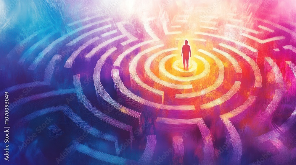 A lone figure stands at the center of a colorful maze, bathed in a bright light. The maze is a complex network of paths and walls, symbolizing the challenges and uncertainties of life. A lone figure stands at the center of a colorful maze, bathed in a bright light. The maze is a complex network of paths and walls, symbolizing the challenges and uncertainties of life.
