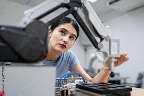 Hispanic engineer woman working on AI technology in robotics electronics engineering laboratory. University students' research project is programming robot machine with intelligent mechanical control