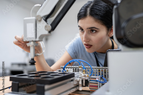 Hispanic engineer woman working on AI technology in robotics electronics engineering laboratory. University students' research project is programming robot machine with intelligent mechanical control