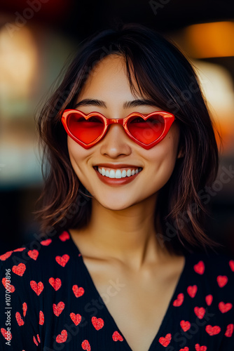 A woman wearing red sunglasses with heart shaped lenses is smiling