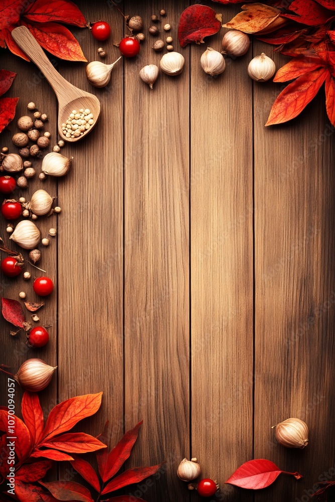Fototapeta premium Hojas de otoño, nueces y bayas rojas organizadas alrededor de un marco de madera, creando un fondo cálido y estacional para celebraciones otoñales.