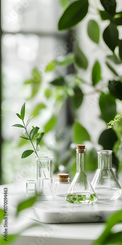Pure natural green plants soaked in test tubes waiting for extraction. Food science, health, nutrition, business, beauty, medical, commercial poster, poster, wallpaper, background