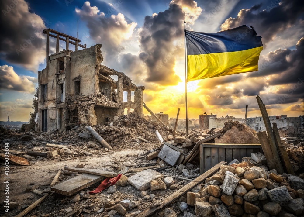 A Haunting Double Exposure of Ukraine's Resilience: The Ukrainian Flag Overlaid on the Rubble of a Destroyed Structure, Symbolizing Hope Amidst Devastation A Haunting Double Exposure of Ukraine's Resilience: The Ukrainian Flag Overlaid on the Rubble of a Destroyed Structure, Symbolizing Hope Amidst Devastation