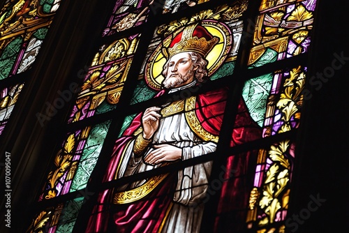 Stunning stained glass portrays Saint Paulinus, embodying his devotion amidst delicate religious motifs and gentle illumination. photo