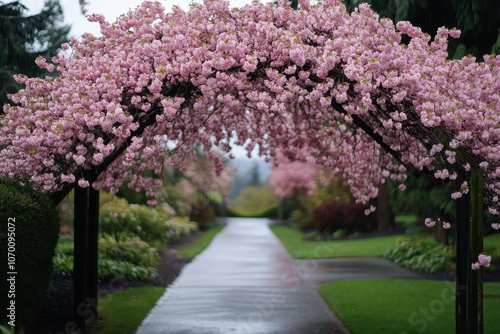 Serene cherry blossom branches gracefully arching over a tranquil path, inviting springtime strolls.