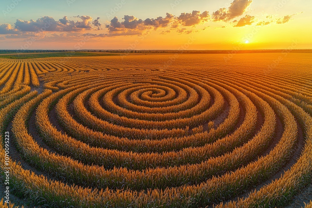 Golden spiral corn maze at sunset: aerial view of farming art in sunlit fields Golden spiral corn maze at sunset: aerial view of farming art in sunlit fields