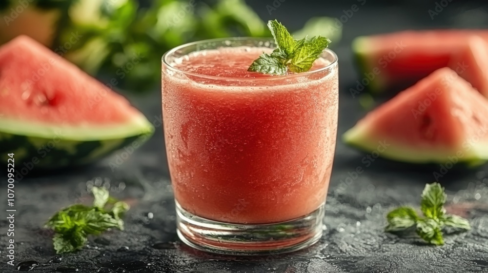 Refreshing watermelon drink garnished with mint served in a glass with fruit slices Refreshing watermelon drink garnished with mint served in a glass with fruit slices