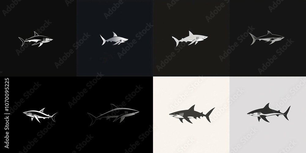 A minimalist logo showcasing a sleek, angular shark silhouette in a monochrome palette. A minimalist logo showcasing a sleek, angular shark silhouette in a monochrome palette.