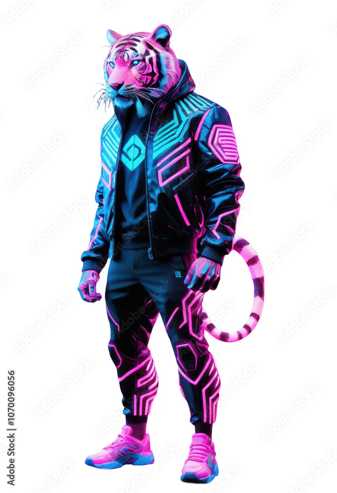 Full-body illustration of a cyberpunk-style tiger dressed in neon-accented techwear. PNG transparent. Full-body illustration of a cyberpunk-style tiger dressed in neon-accented techwear. PNG transparent.