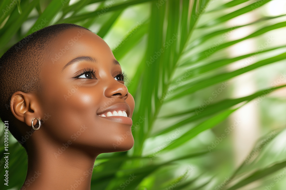 African Woman with Shaved Head and Large Ear Tunnels Smiling Gently Surrounded by Lush Green Plants and Sunlight Filtering Through Leaves in a Natural Atmosphere African Woman with Shaved Head and Large Ear Tunnels Smiling Gently Surrounded by Lush Green Plants and Sunlight Filtering Through Leaves in a Natural Atmosphere