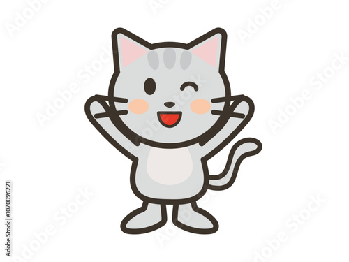 笑顔でバンザイをするかわいいねこちゃんのイラスト