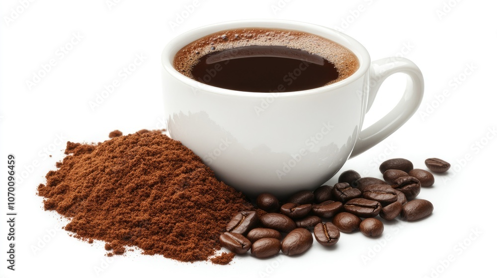 Fototapeta premium Coffee mug and freshly ground coffee beans arranged on a white background, highlighting the rich, warm tones of the coffee.