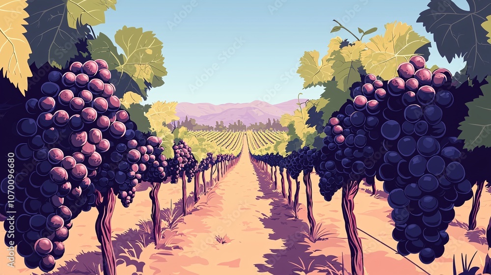 Obraz premium illustration of a vineyard with lush grapes and a clear sky, perfect for wine marketing and products.