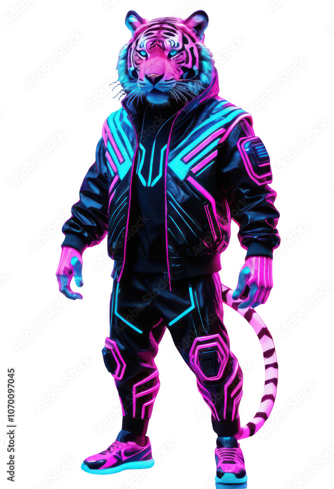 Full Body Cyberpunk Tiger in Neon Techwear Outfit. PNG transparent. Full Body Cyberpunk Tiger in Neon Techwear Outfit. PNG transparent.