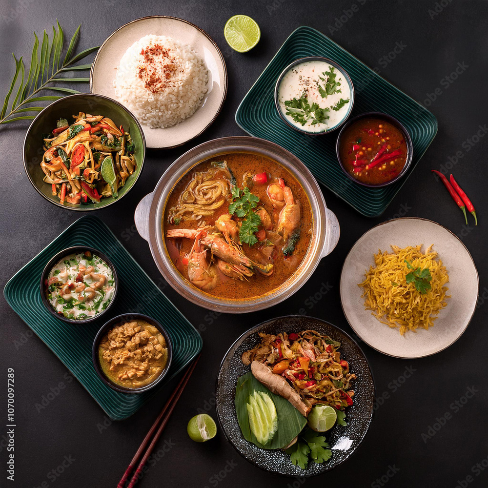 Assorted Thai Food Set on Dark Table Assorted Thai Food Set on Dark Table