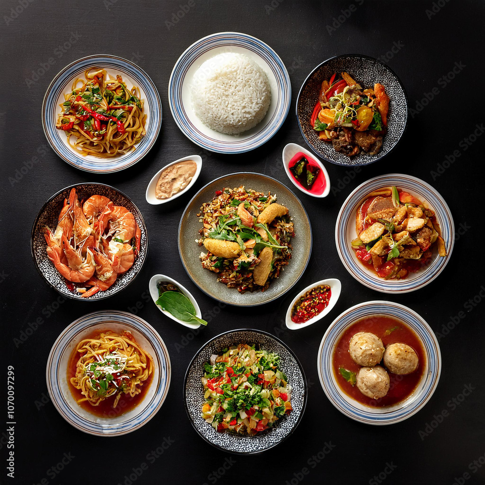 Assorted Thai Food Set on Dark Table Assorted Thai Food Set on Dark Table