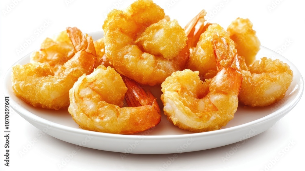 Crispy shrimp tempura on a clean white plate, isolated on a white background, showcasing the golden texture and airy batter of each piece. Crispy shrimp tempura on a clean white plate, isolated on a white background, showcasing the golden texture and airy batter of each piece.