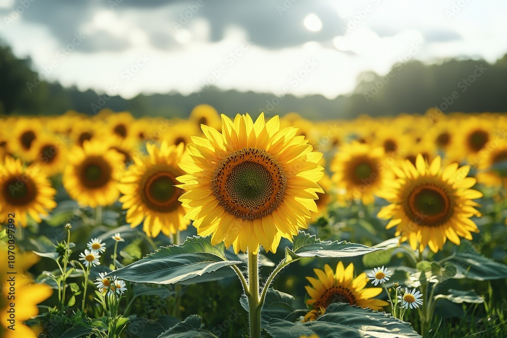 Fototapeta premium Vibrant sunflower field under a cloudy sky capturing nature's beauty and summer serenity