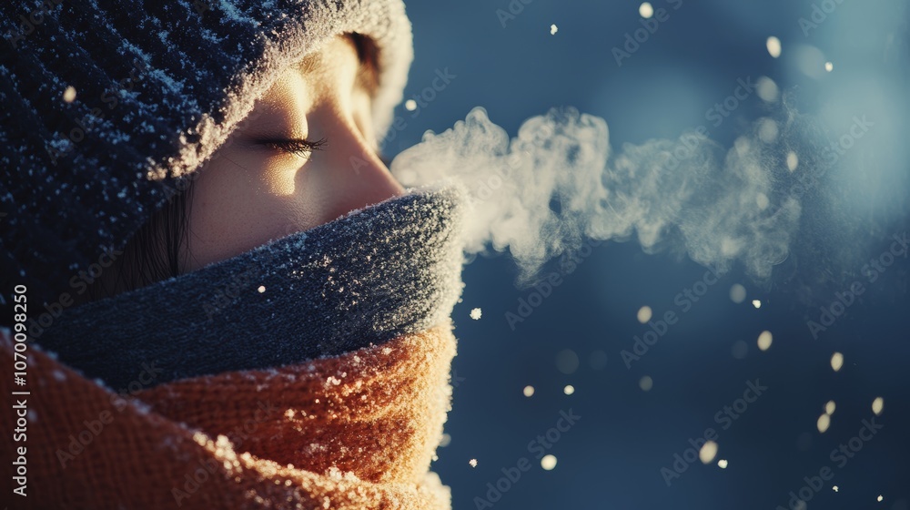 Fototapeta premium Winter asthma awareness a person in warm attire focuses on breathing comfort amid cold air and snow