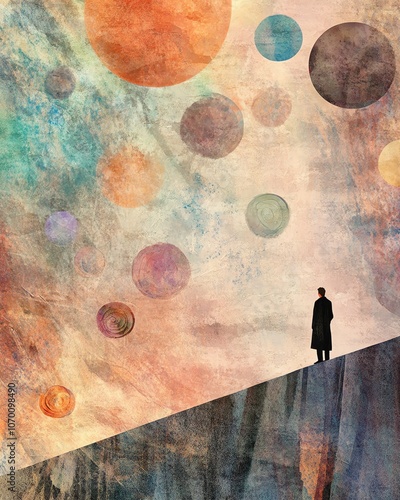 Silhouette of a man standing on a cliff, gazing up at a sky filled with colorful orbs, representing planets, dreams, or possibilities.