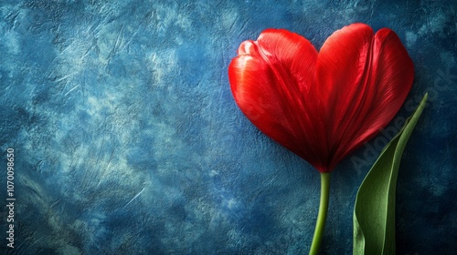 A single red petal elegantly shaped like a heart lays against a textured blue background, capturing the essence of love and creativity in a captivating image.
