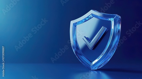 A glass shield with a check mark inside on a blue background, representing protection and security.